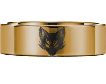 Gold Cunning Kitsune Fox Wedding Band, Unique Fox Ring, Engraved Fox Spirit Fox Symbol Ring, Inari Fox Deity Ring, Japanese Fox Jewelry 8mm