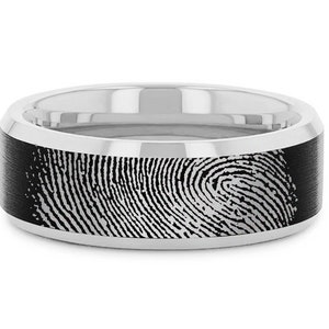 Personalized Fingerprint Wedding Band Black Silver Edge Ring, Real Fingerprint Ring, Custom Fingerprint Wedding Ring FREE TEXT ENGRAVING 8mm