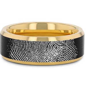 Personalized Fingerprint Wedding Band Black Yellow Gold Ring, Real Fingerprint Ring, Custom Fingerprint Wedding Ring FREE TEXT ENGRAVING 8mm