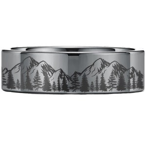 Anel de prata polida com abeto, aliança de casamento de tungstênio masculina, anel de pinho, joias de sequoia, anel de pinho branco, anel de tungstênio prateado de 8 mm