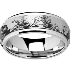 Engraved Raven on Tree Branch Ring Wedding Band, Raven Spinning Ring, Nature Bird Spinner Ring, Personalized Raven Jewelry 8mm