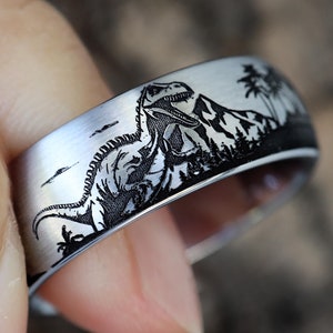 Dinoasaurs Ring Wedding Band, Rare Mesozoic Era Ring, Engraved Dino Ring, Tungsten Ring, Tyrannosaurs Ring, Ancient Triceratops Jewelry 8mm