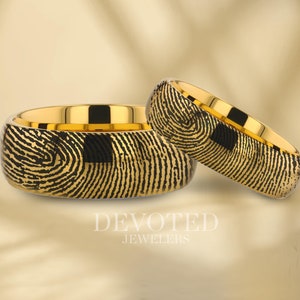 Engraved Fingerprint Gold Wedding Band, Yellow Gold Engagement Ring, Real Fingerprint Ring, Custom Print Ring FREE TEXT ENGRAVING 8mm