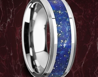 Silver Men&#39;s Lapis Lazuli Wedding Band, Personalized Lapis Stone Wedding Ring, Unique Blue Stone Engagement Ring, FREE TEXT ENGRAVING 8mm