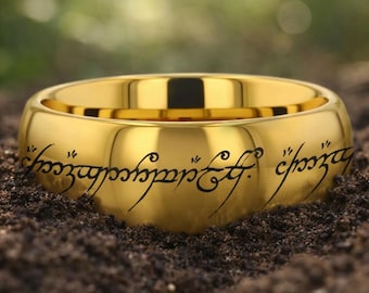 Alianza de boda con escritura ancestral, anillo único, banda de tungsteno rúnica antigua, anillo de runas míticas, anillo de película de elfos