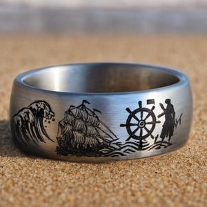 Ocean Nautical Ring, High Seas Adventure Wedding Ring, Deep Waters Off Shores Ring, Pirate Waves Treasure Chest Jewelry Ring Men