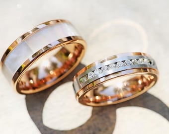 Rose Gold Matching Ring Set, Mother of Pearl Inlay Ring 8mm, Polished Rose Gold Tension Set Diamond Wedding Band 6mm His & Hers Couple Rings