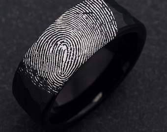 Engraved Fingerprint Hammered Gold Ring, Real Fingerprint Ring