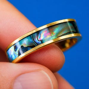 May include: A gold ring with a band of iridescent abalone shell. The ring's gold edges frame the colorful, swirling patterns of the shell, creating a striking contrast against the blue background. The ring is held in a hand.