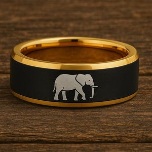 Lucky Elephant Engraved Wedding Band, Elephant Symbol Ring, Animal Jewelry, Safari Engagement Ring, Elephant Family Tungsten Ring, 8mm