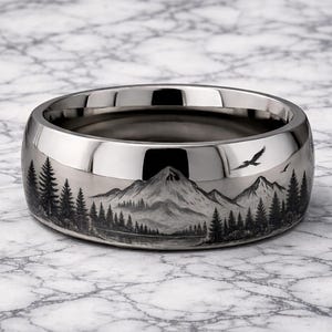 Engraved Mountain Ring, Tree and Eagle Ring, Nature Inspired Tungsten Ring, Men's Outdoor Ring, Mountain Range Ring, Mountain Style Ring 8mm