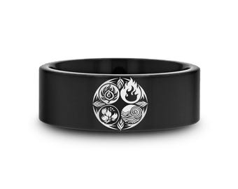 Vier elementen trouwring, water, vuur, wind aarde ring, gegraveerde elementaire sieraden ring met zeldzame symbolen, elementaire symbolen verlovingsring