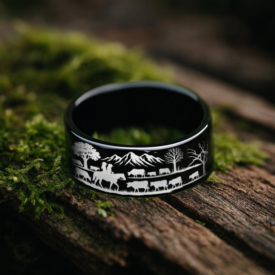 Engraved Cowboy and Cowgirl Ring, Unique Men's Tungsten Ranch Wedding ...