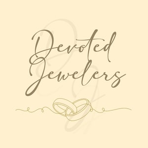 May include: A logo for Devoted Jewelers, featuring elegant script text in a warm brown hue. Two intertwined wedding rings are depicted below the text, connected by a delicate line, all set against a soft, cream-colored background.