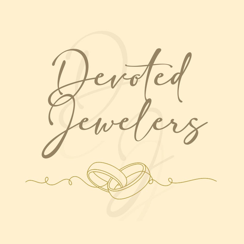May include: A logo for a jewelry store called "Devoted Jewelers". The logo features the store name in a cursive font with two intertwined rings below the text.