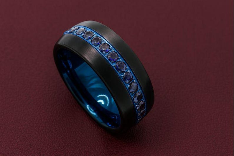 Brushed Domed Wedding Band Blue Diamond Wedding Ring Diamond Tungsten Carbide Ring Engagement Ring for Man Blue Sapphire Wedding Ring 8mm