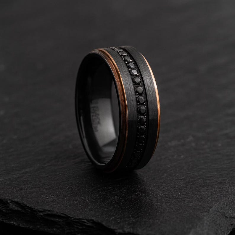 Men's Rose Gold Edge Black Diamond Ring, Men's Black Tungsten Ring with Black Diamonds All Around, Unique Black Diamond Ring 8mm