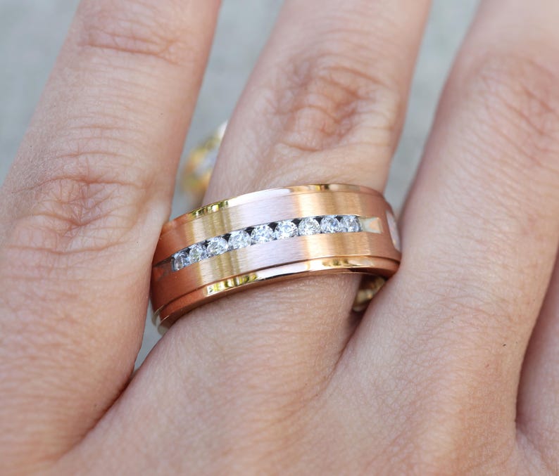 Crushed White Fire Opal Inlay Band, Rose Gold Polished Tungsten Ring, Nine Channel Set Diamonds Ring, FREE TEXT ENGRAVING 4mm, 6mm, 8mm