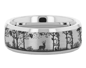 Deer Engraved Wedding Band, Unique Stag Antlered Wedding Ring, Rare Wildlife Deer Caribou Reindeer Men's Tungsten Band, Beveled Ring 8mm