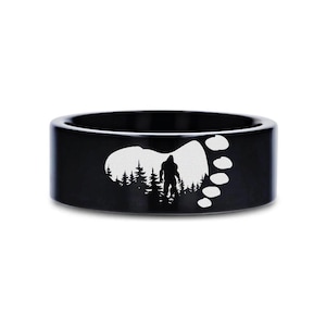 Big Foot Engraved Ring, Tungsten Wedding Band Jewelry, Monster Ring, Sasquatch Yeti Jewelry, Skunk Ape Ring, Men&#39;s Tungsten Ring