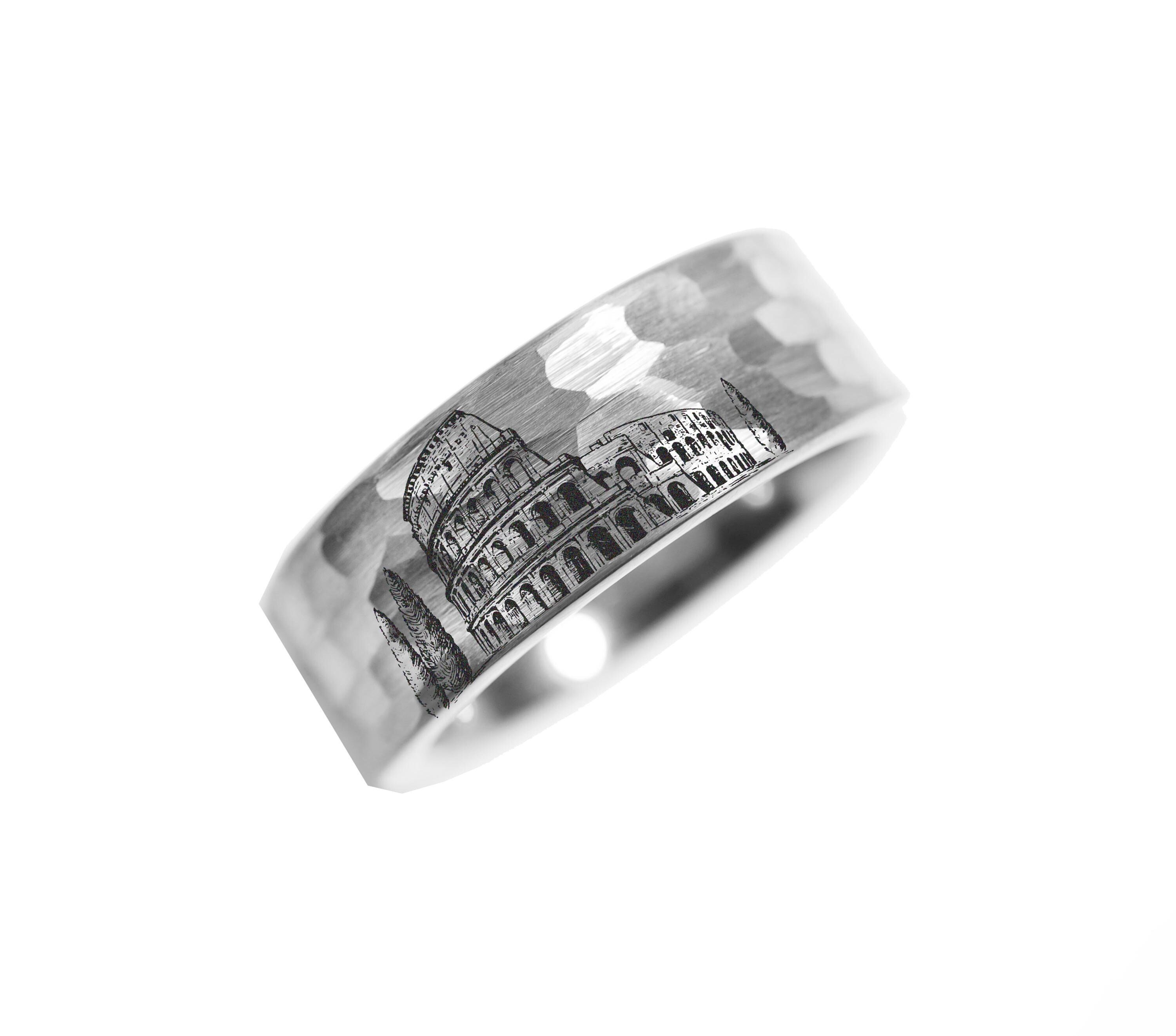 Leaning Tower of Pisa Ring, Spirit Wolf Ring, Iconic Landmark Wedding Ring, Rome Ring, Romanesque Architecture Tungsten Ring Men 8mm