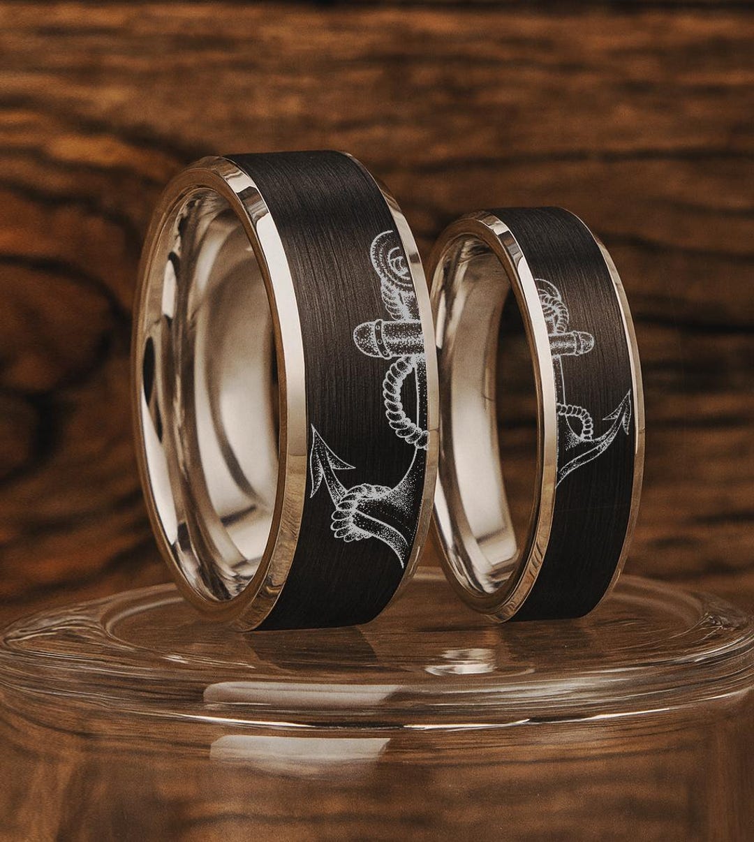 Matching Anchor Tungsten Rings, Anchor Wedding Band Ring Set, Nautical ...