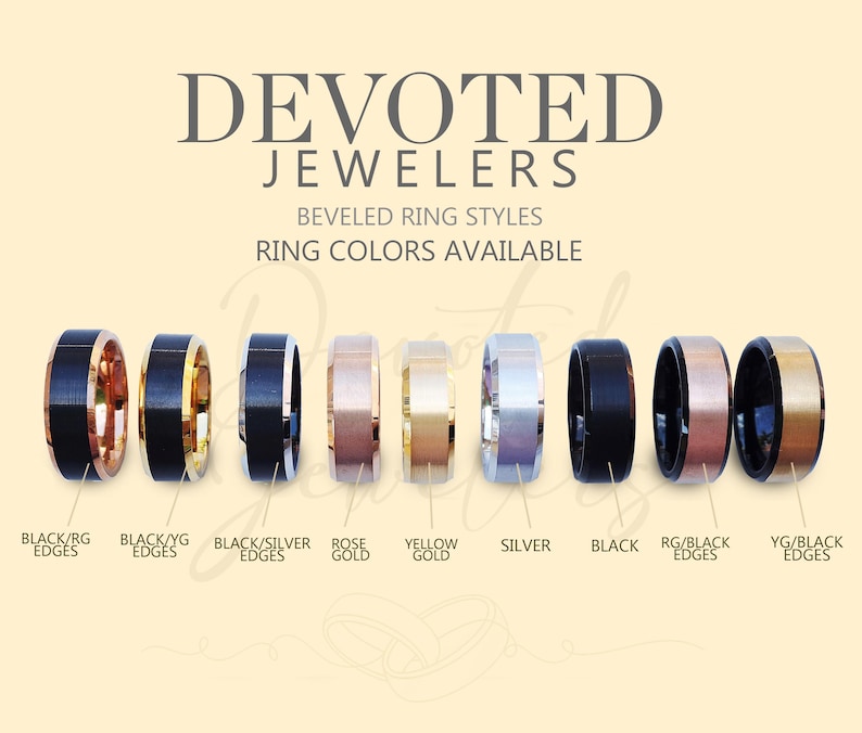 May include: A row of nine men's wedding bands in various metal colors, including black, silver, rose gold, and yellow gold. The bands have beveled edges and are labeled with their color combinations, such as "Black/RG Edges" and "YG/Black Edges".