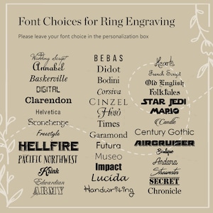 May include: A beige background with a list of font choices for ring engraving. The fonts are listed in two columns with a variety of styles, including script, serif, sans-serif, and handwritten.