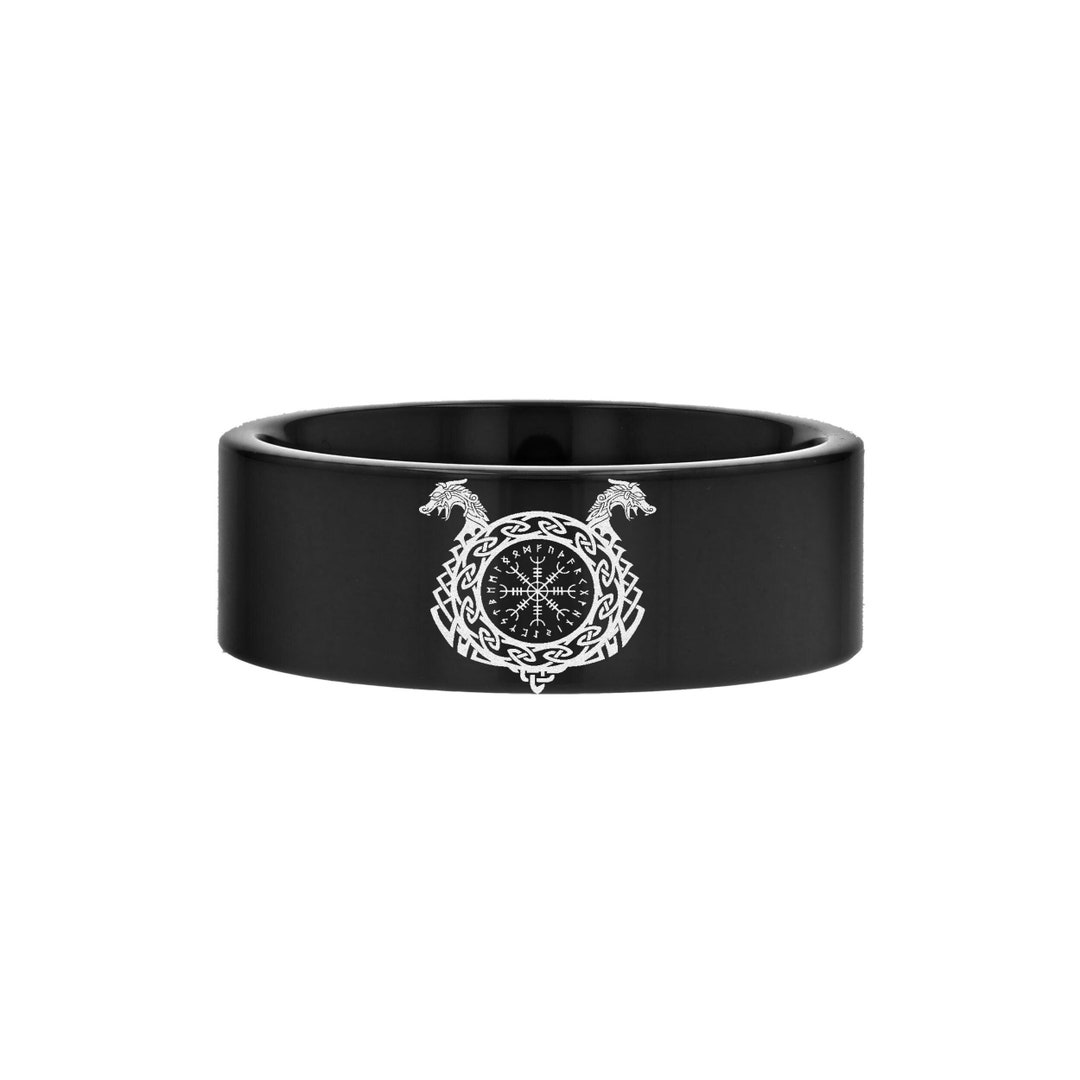 Viking Helm of Awe Bind Runes Wedding Ring, Engraved Runic Script Ring ...