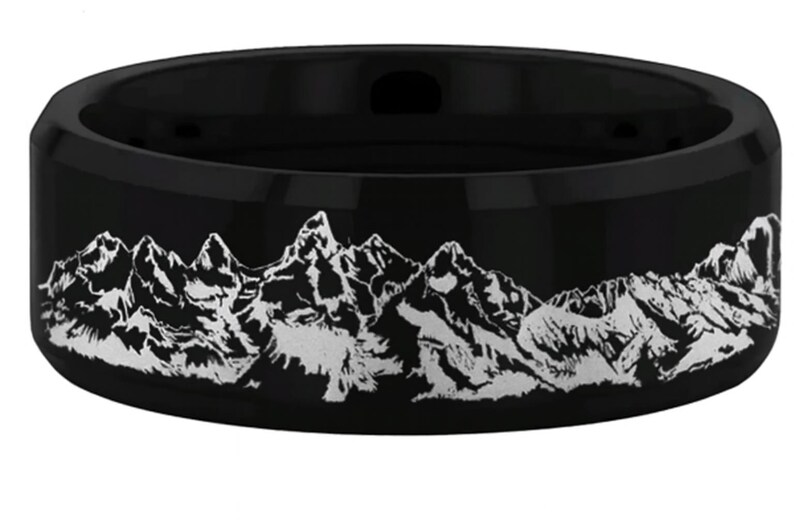 Grand Teton National Park Ring, Men's Tungsten Wedding Band, Pine Wilderness Preserve Jewelry, Alpine Scenery Silver Tungsten Ring 8mm image 2