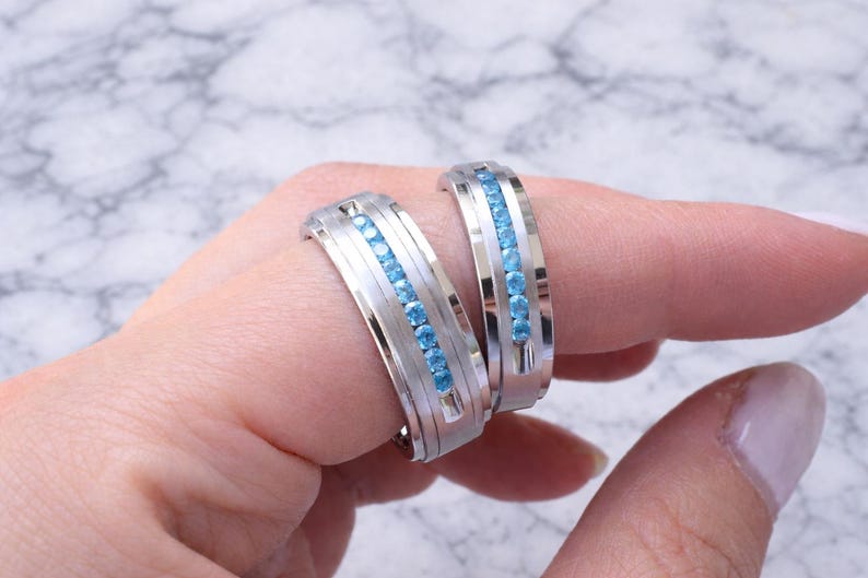 Aquamarine Wedding Band, Silver Tungsten Ring, Polished Silver Engagement Ring, Blue Aquamarine Stone Ring, FREE ENGRAVING 8mm 6mm