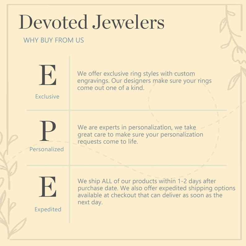 May include: A graphic with the text "Devoted Jewelers" and "Why Buy From Us" at the top. The graphic lists three reasons to buy from Devoted Jewelers: Exclusive, Personalized, and Expedited. Each reason is represented by a letter, E, P, and E, respectively, and a short description of each reason.