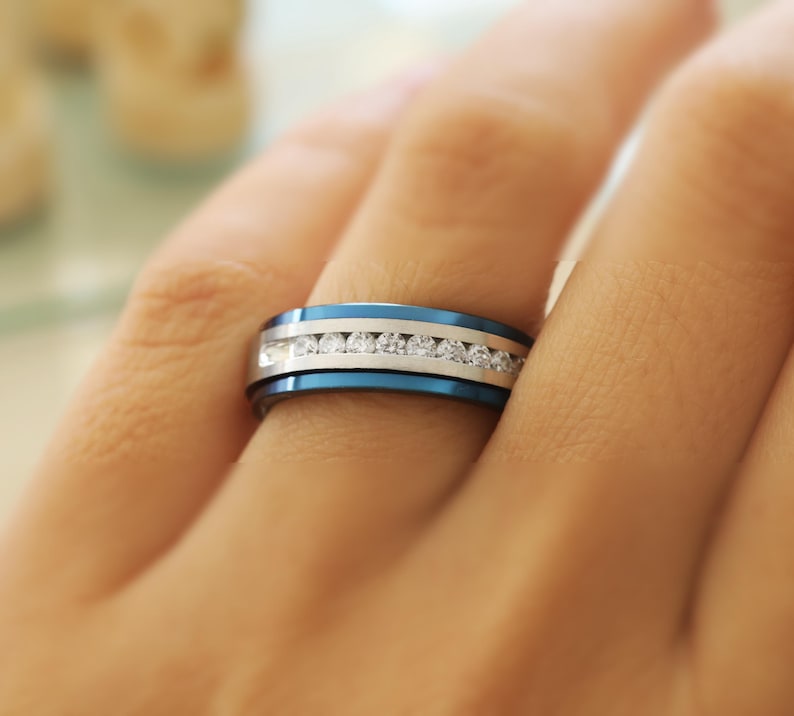 Blue Men's Wedding Band Diamond Channel Ring Engagement Ring Step Edge Unique Ring, Blue and Silver White Diamond ring Tungsten Carbide 6mm