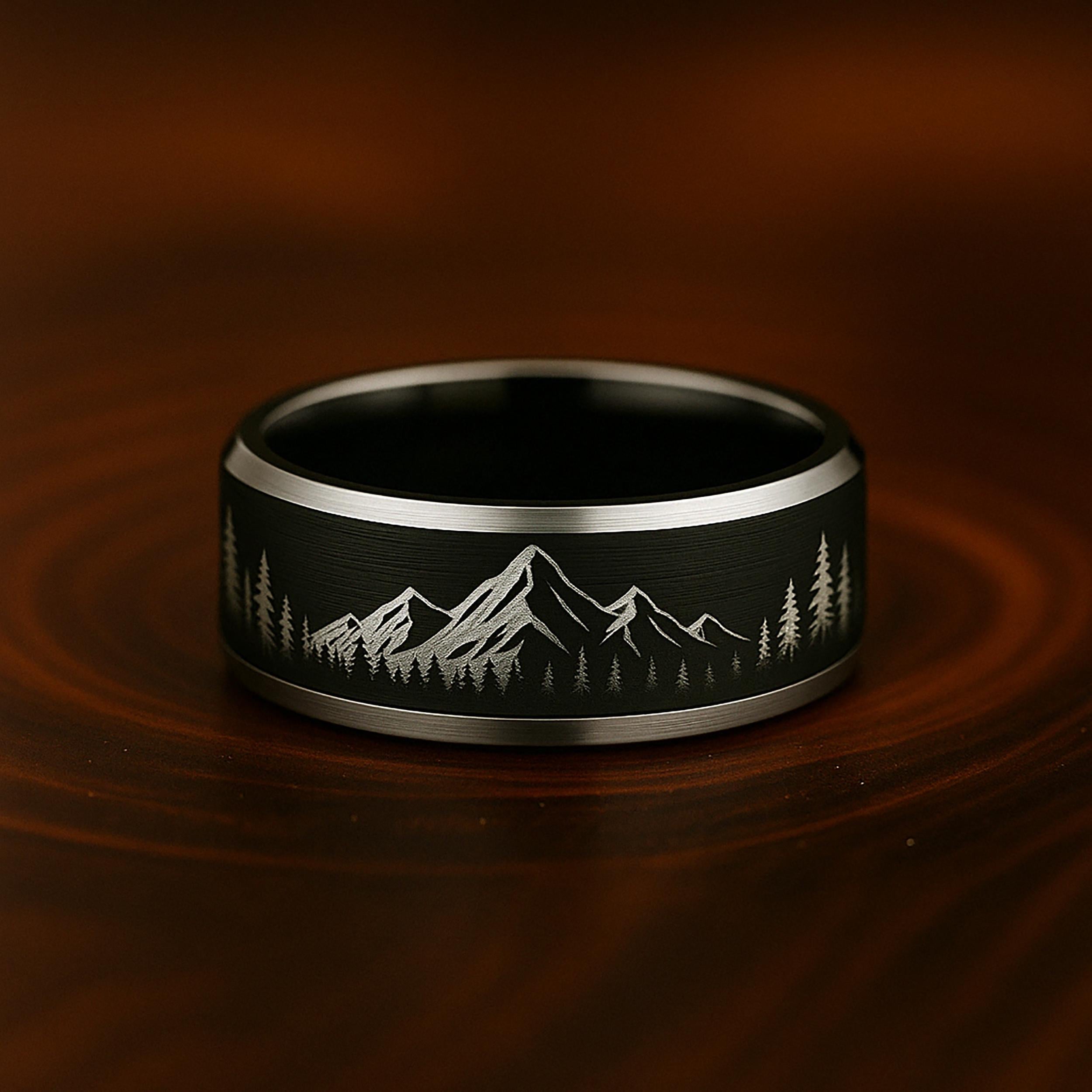Mountain Tree Line Ring, Unique Men's Tungsten Wedding Band, Men's ...