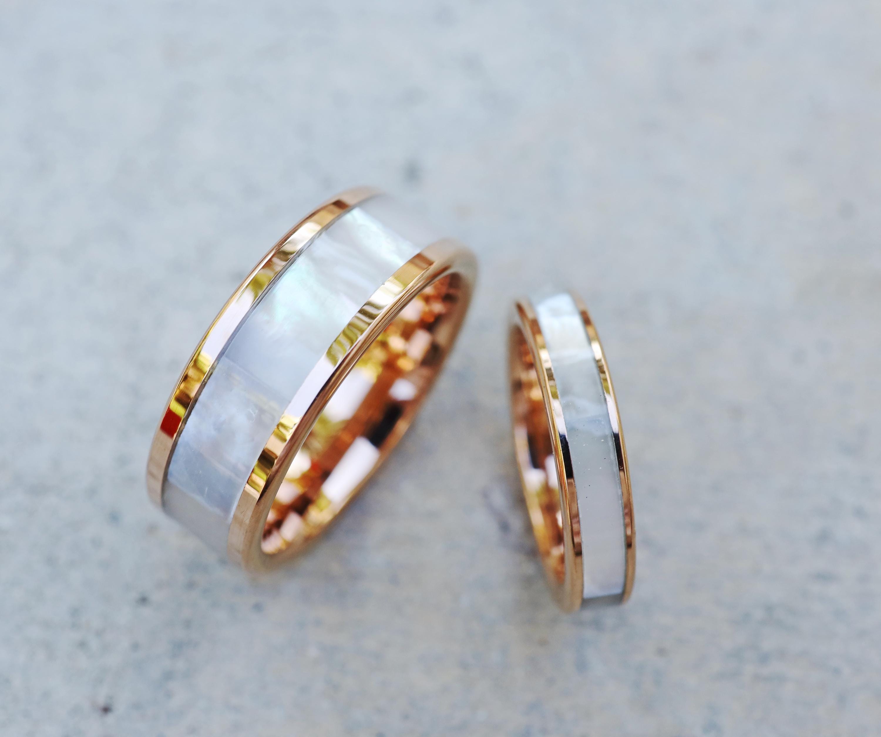 Unique Matching Mother of Pearl Ring Set, Ocean Shell Tungsten
