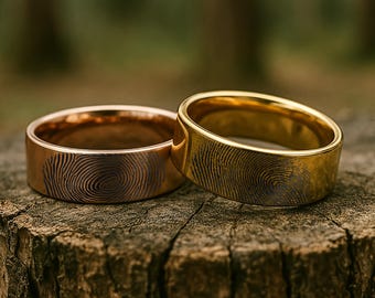 Engraved Fingerprint Hammered Gold Ring, Real Fingerprint Ring