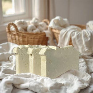 May include: Three bars of white soap stacked on top of each other on a white cloth. The soap is in a rectangular shape with rounded edges.