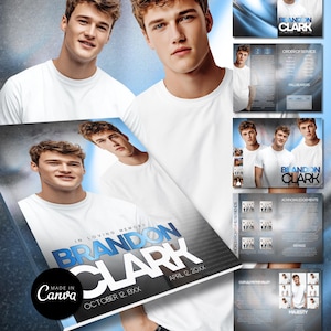Op de afbeelding: Een 14 pagina's tellende begrafenisprogramma sjabloon met een portret van een man in een wit t-shirt. Het programma bevat de naam "Brandon Clark" in blauw en wit, met data en secties als "Dienstregeling" en "Dankbetuigingen".