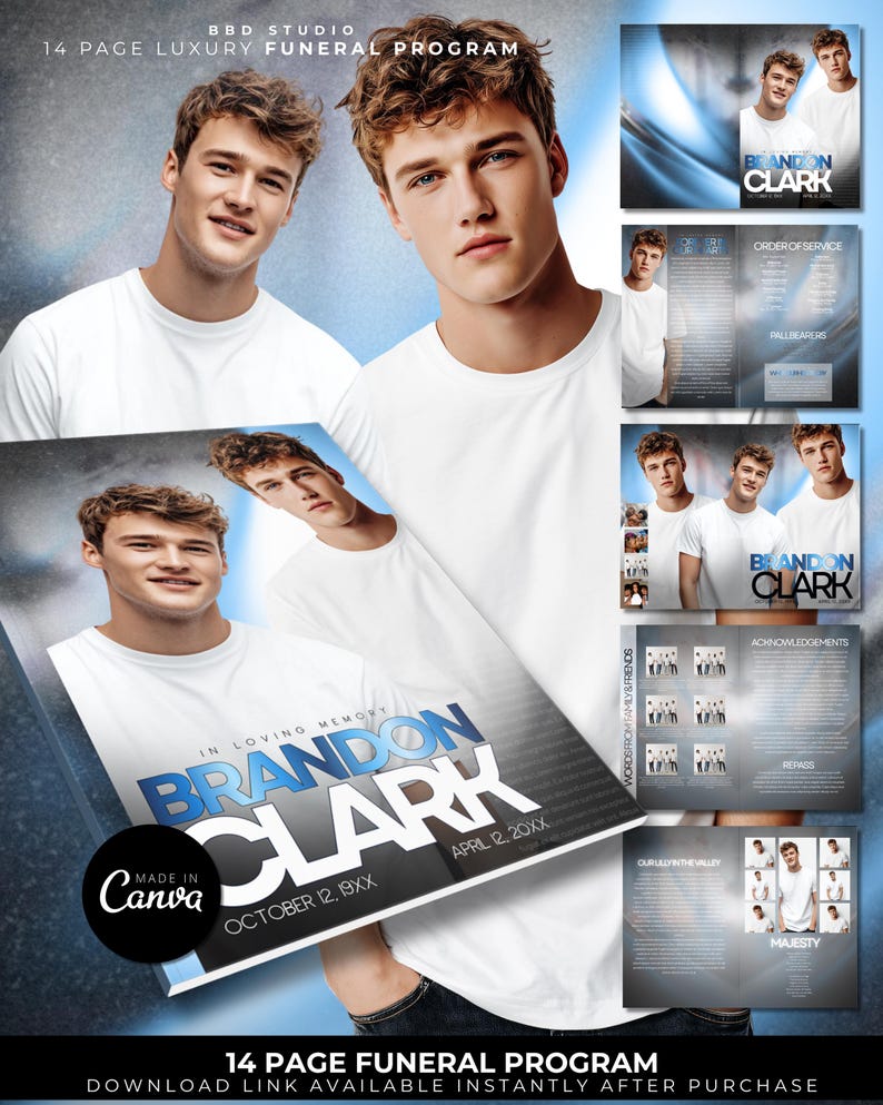 Op de afbeelding: Een 14 pagina's tellende begrafenisprogramma sjabloon met een portret van een man in een wit t-shirt. Het programma bevat de naam "Brandon Clark" in blauw en wit, met data en secties als "Dienstregeling" en "Dankbetuigingen".