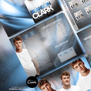 Op de afbeelding: Een 14 pagina's tellend luxe begrafenisprogramma met een blauw en wit ontwerp. Het programma bevat de tekst "In Loving Memory Brandon Clark" en "Order of Service". Het programma is eenvoudig aan te passen en direct te downloaden.
