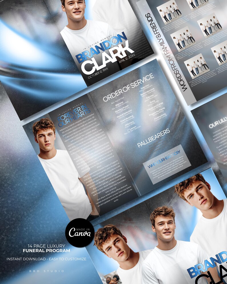 Op de afbeelding: Een 14 pagina's tellend luxe begrafenisprogramma met een blauw en wit ontwerp. Het programma bevat de tekst "In Loving Memory Brandon Clark" en "Order of Service". Het programma is eenvoudig aan te passen en direct te downloaden.