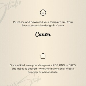 K&ouml;nnte beinhalten: Cremefarbene Grafik mit dem Wort "Canva" in einer stilvollen Schriftart. Der Text erkl&auml;rt, wie man auf eine Designvorlage von Etsy zugreift und diese verwendet, einschlie&szlig;lich des Speicherns als PDF, PNG oder JPEG f&uuml;r soziale Medien, Druck oder den pers&ouml;nlichen Gebrauch.
