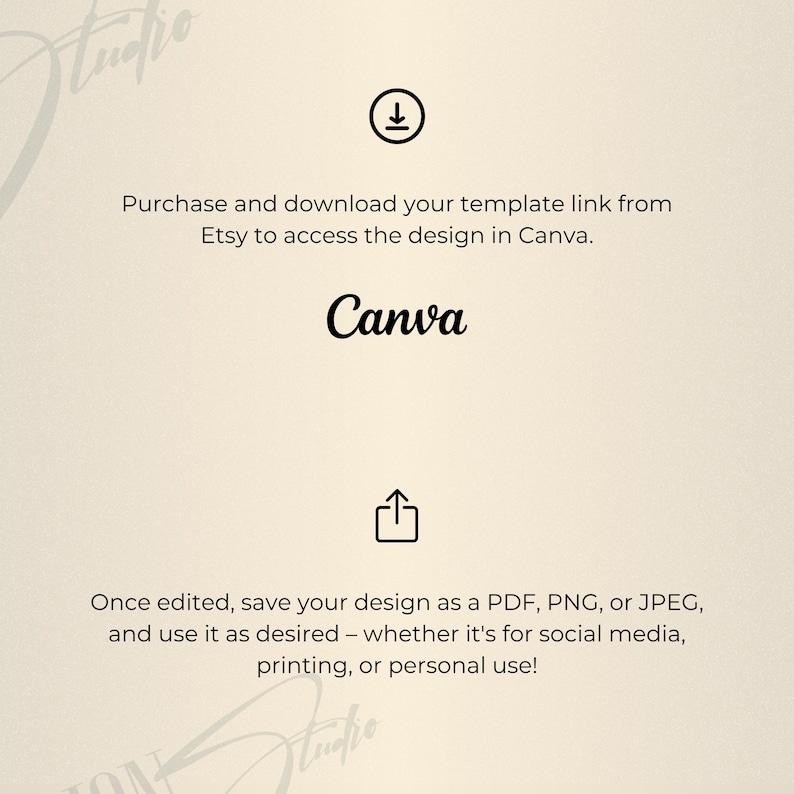 K&ouml;nnte beinhalten: Cremefarbene Grafik mit dem Wort "Canva" in einer stilvollen Schriftart. Der Text erkl&auml;rt, wie man auf eine Designvorlage von Etsy zugreift und diese verwendet, einschlie&szlig;lich des Speicherns als PDF, PNG oder JPEG f&uuml;r soziale Medien, Druck oder den pers&ouml;nlichen Gebrauch.