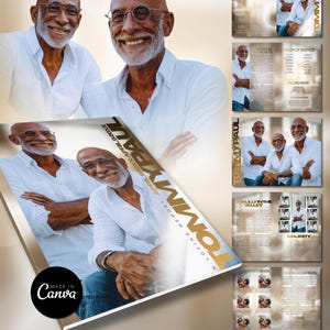 K&ouml;nnte beinhalten: Ein 14-seitiges Luxus-Trauerprogramm mit dem Text "TOMMY PAUL" und "In Loving Memory". Das Programm zeigt ein Foto eines l&auml;chelnden &auml;lteren Mannes mit Brille und wei&szlig;em Hemd. Das Programm ist "Made in Canva".