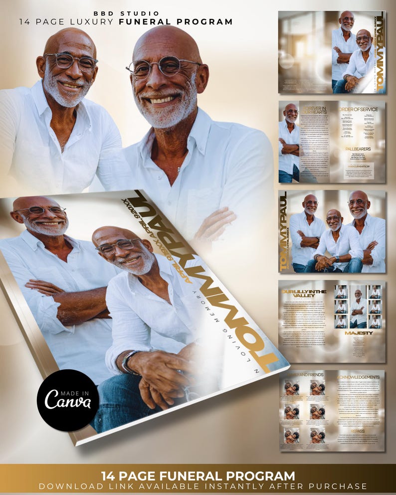 K&ouml;nnte beinhalten: Ein 14-seitiges Luxus-Trauerprogramm mit dem Text "TOMMY PAUL" und "In Loving Memory". Das Programm zeigt ein Foto eines l&auml;chelnden &auml;lteren Mannes mit Brille und wei&szlig;em Hemd. Das Programm ist "Made in Canva".