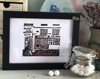 Merrick's Sweet Shop, Hitchin, Linocut Print