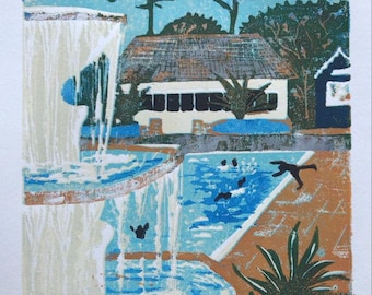 Long Summer Days- Hitchin Outdoor Swimming Pool- Lino and Letterpress Print