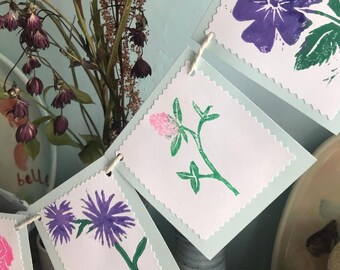 Flower Bunting- handprinted linocut paper garland