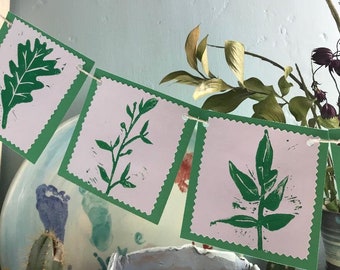 Botanical Leaf Bunting- Linocut paper garland