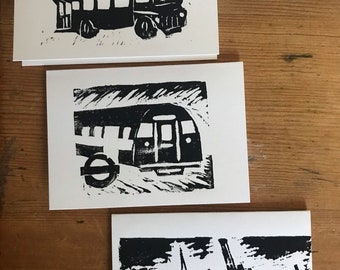 London Landmarks: Transport Set- Handprinted Linoprint Card Set (3 cards)